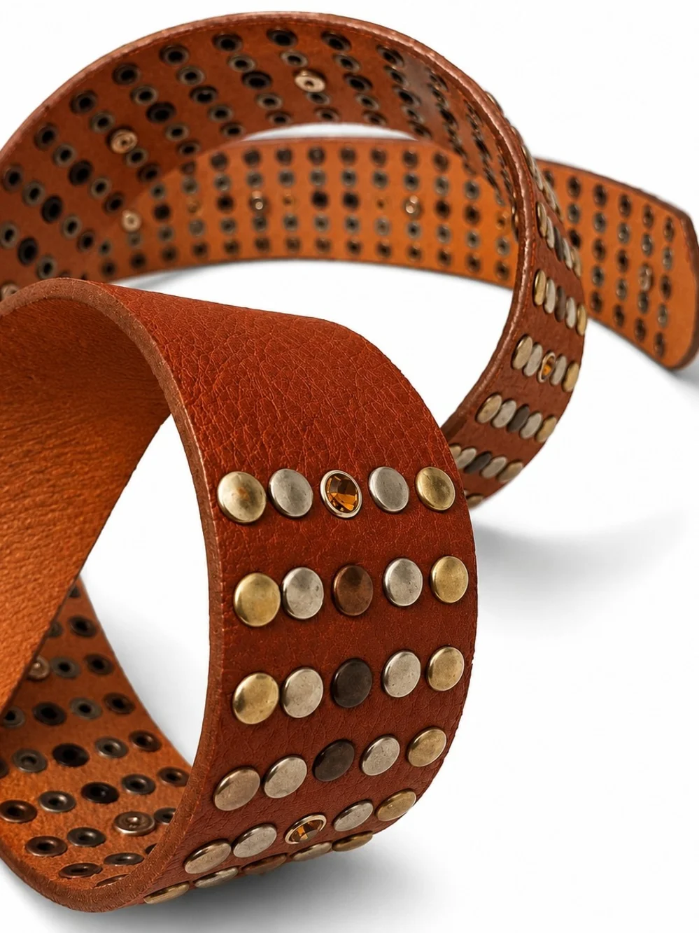 Studded Brown Leather Men's Belt with Gold Buckle